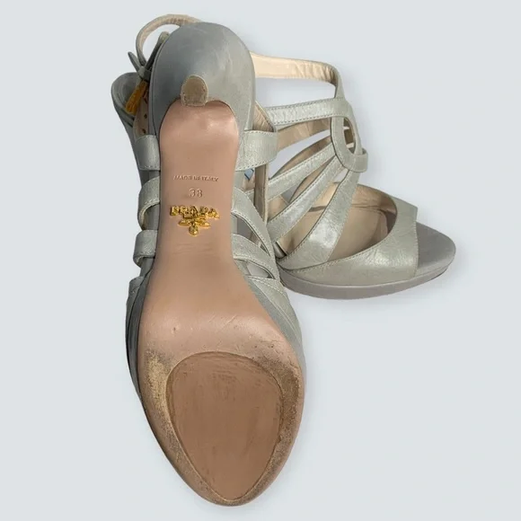 PRADA Heels Size 38 Calzatore Donna Grey Leather Slingback Sandals - Picture 15 of 16